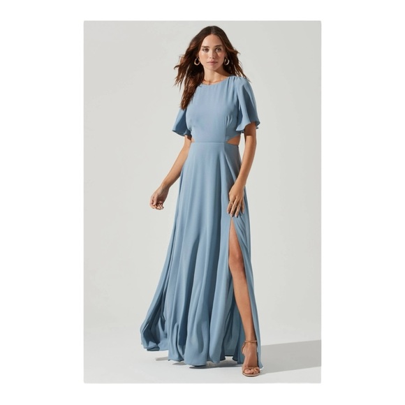 ASTR the Label Katrina Flutter Sleeve Back Cutout Maxi Dress in Steel Blue NWT - Picture 1 of 9